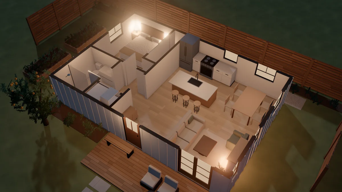 The Golden Hour in the evening, seen from above with its walls cut away: lamps lit in the bedroom and living room, the island kitchen and the porch