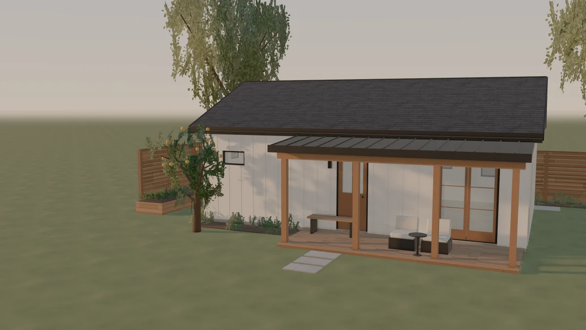 The Golden Hour, a modern farmhouse ADU with a covered front porch, in a Southern California backyard at golden hour