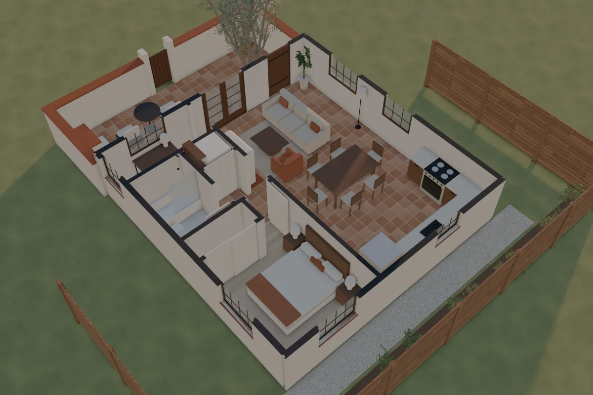 The Paseo, a Spanish casita ADU, seen from above at golden hour with its roof lifted off: the bedroom, bath, kitchen, dining table and living room, with a walled courtyard and an olive tree behind