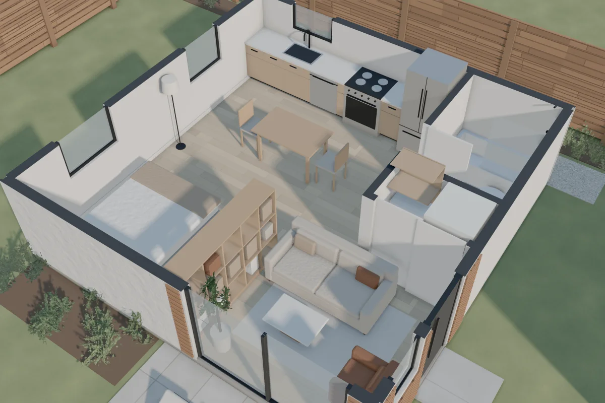 A cutaway view of the Coral Tree from above: kitchen along the back wall, bath and laundry by the side entry, a bed alcove behind a bookcase and the living area by the slider