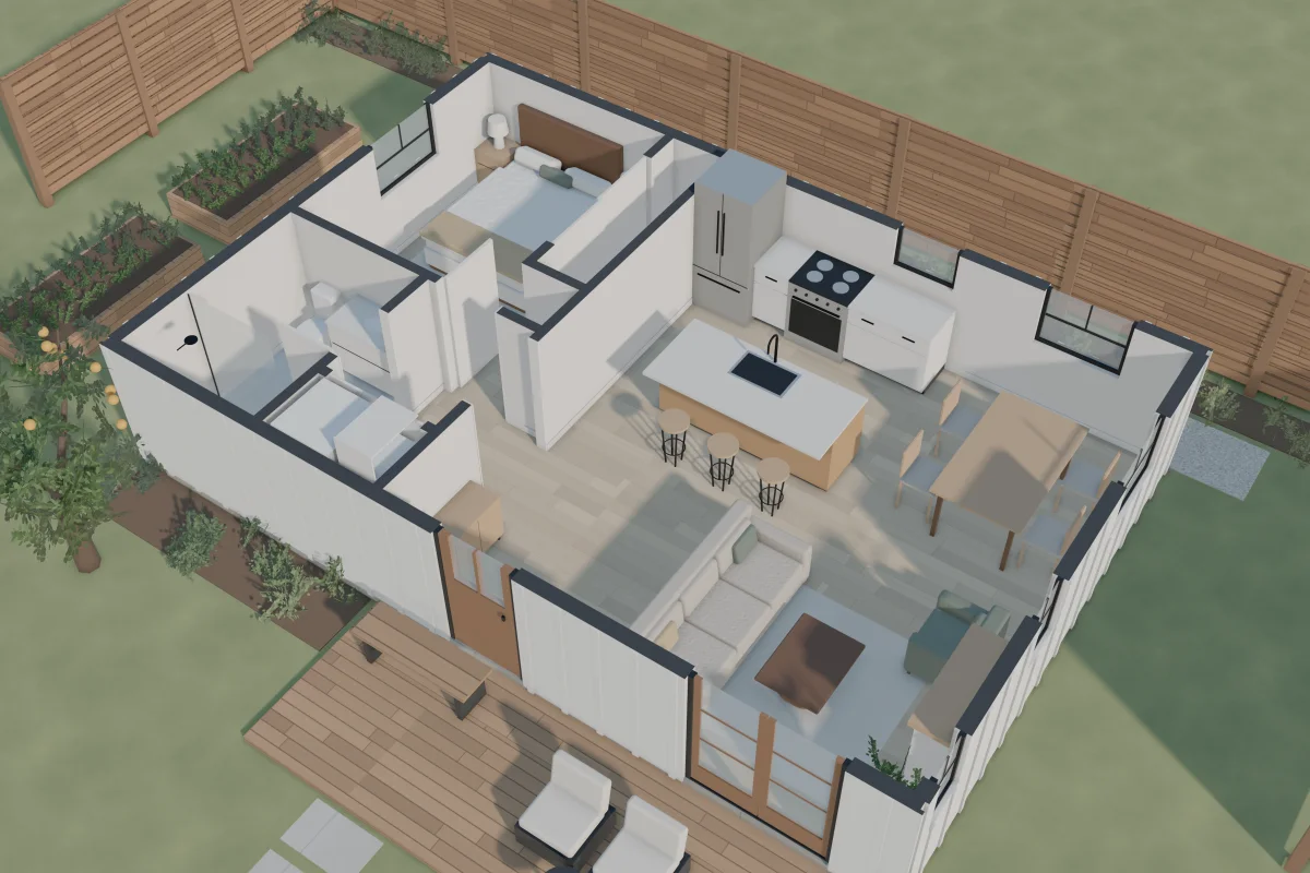 A cutaway view of the Golden Hour from above: island kitchen, dining table and living room, with a short hall to the bath, laundry and bedroom