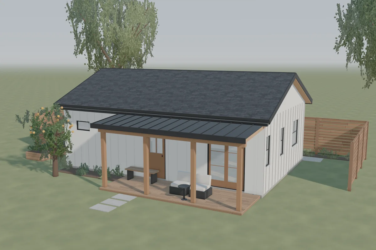 The Golden Hour, a modern farmhouse ADU with white board-and-batten, black windows and a covered porch along the front