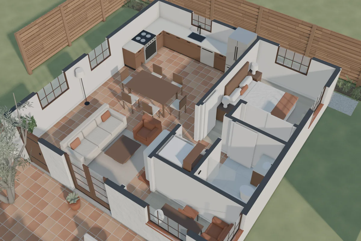 A cutaway view of the Paseo from above: kitchen, dining table and fireplace sitting area in one long room, with the bedroom, bath, laundry and study behind an arched hall