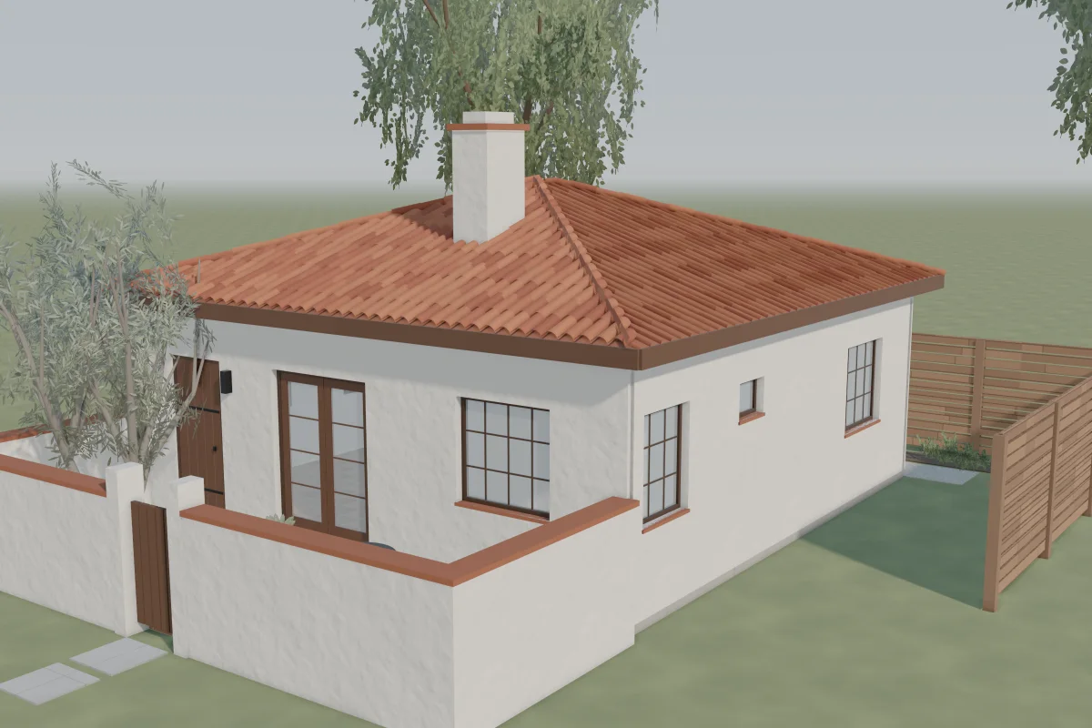 The Paseo, a Spanish casita ADU with a clay barrel tile roof, white stucco, divided-lite windows and a walled courtyard