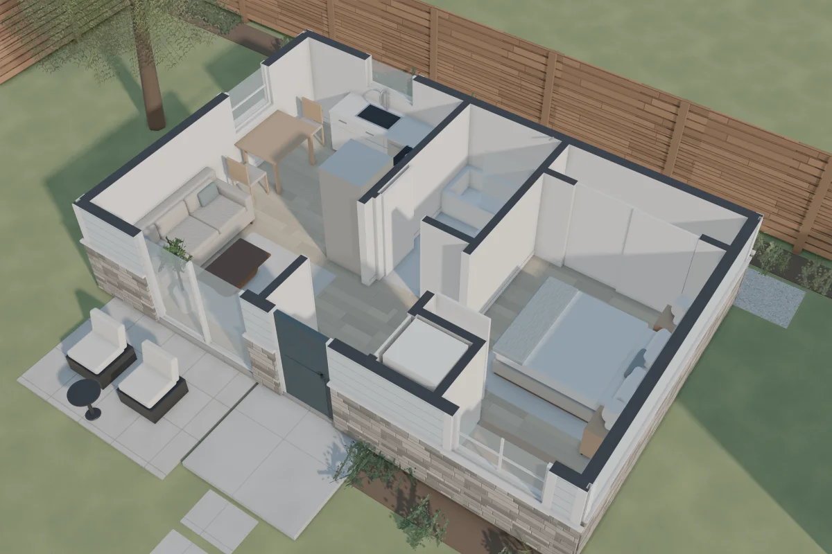 A cutaway view of the Pepper Tree from above: kitchen and living room at one end, the bath and laundry by the entry, and the bedroom at the other end