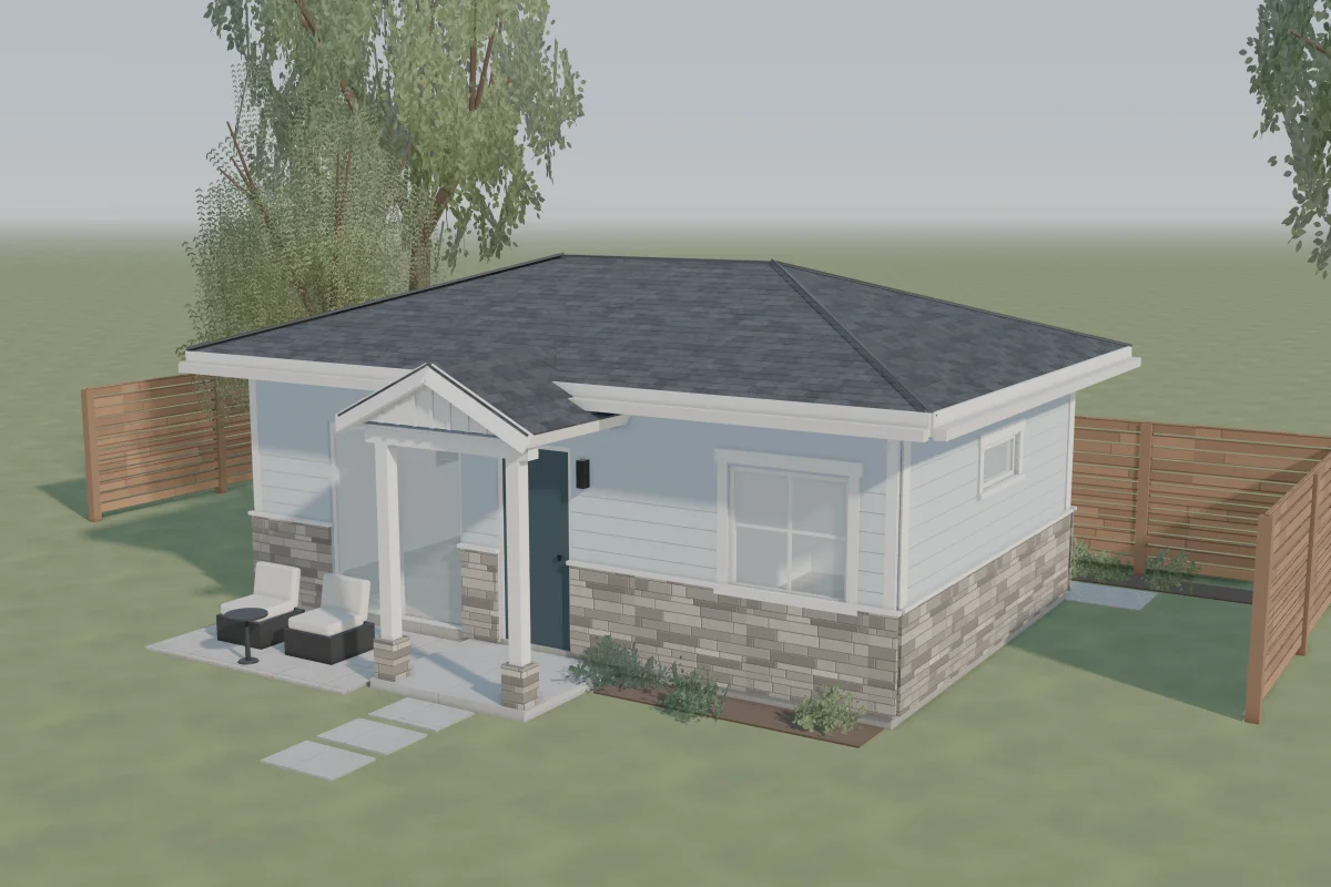 The Pepper Tree, a ranch-style ADU with a low hip roof, lap siding over a stone wainscot and a small gabled front porch
