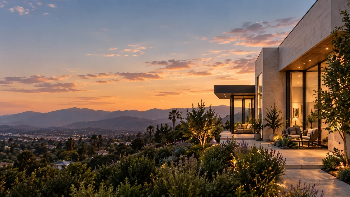 Southern California hillside, evening light and an outdoor terrace.