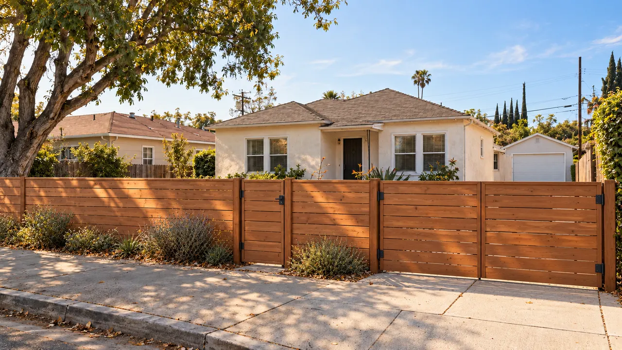 horizontal wood privacy-fence and gate concept along the same modest residential property edge.