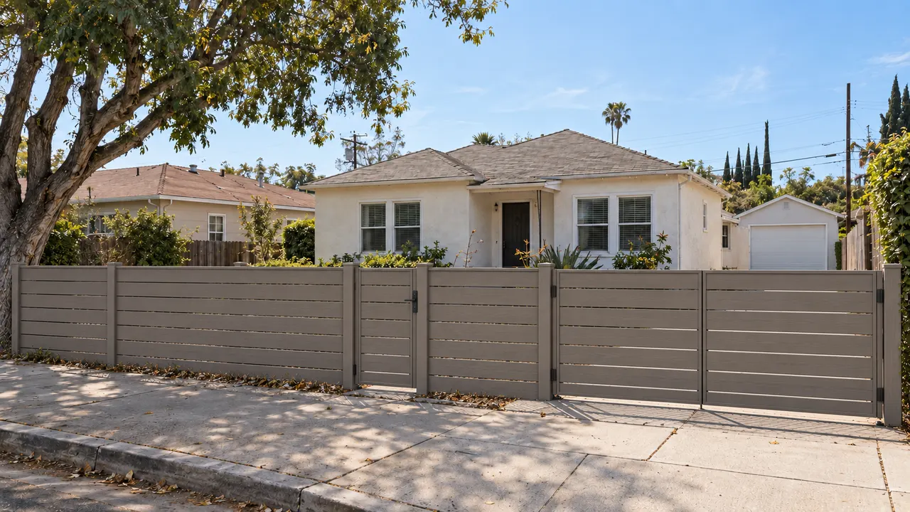 warm-gray composite-look horizontal privacy fence and gate concept along the same property edge.