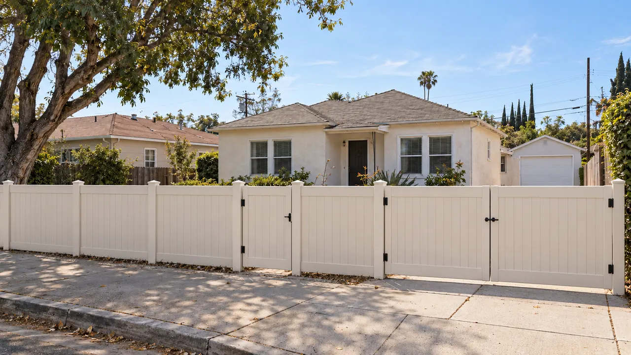 warm-white vinyl-look privacy fence and matching gate concept on the same modest property.