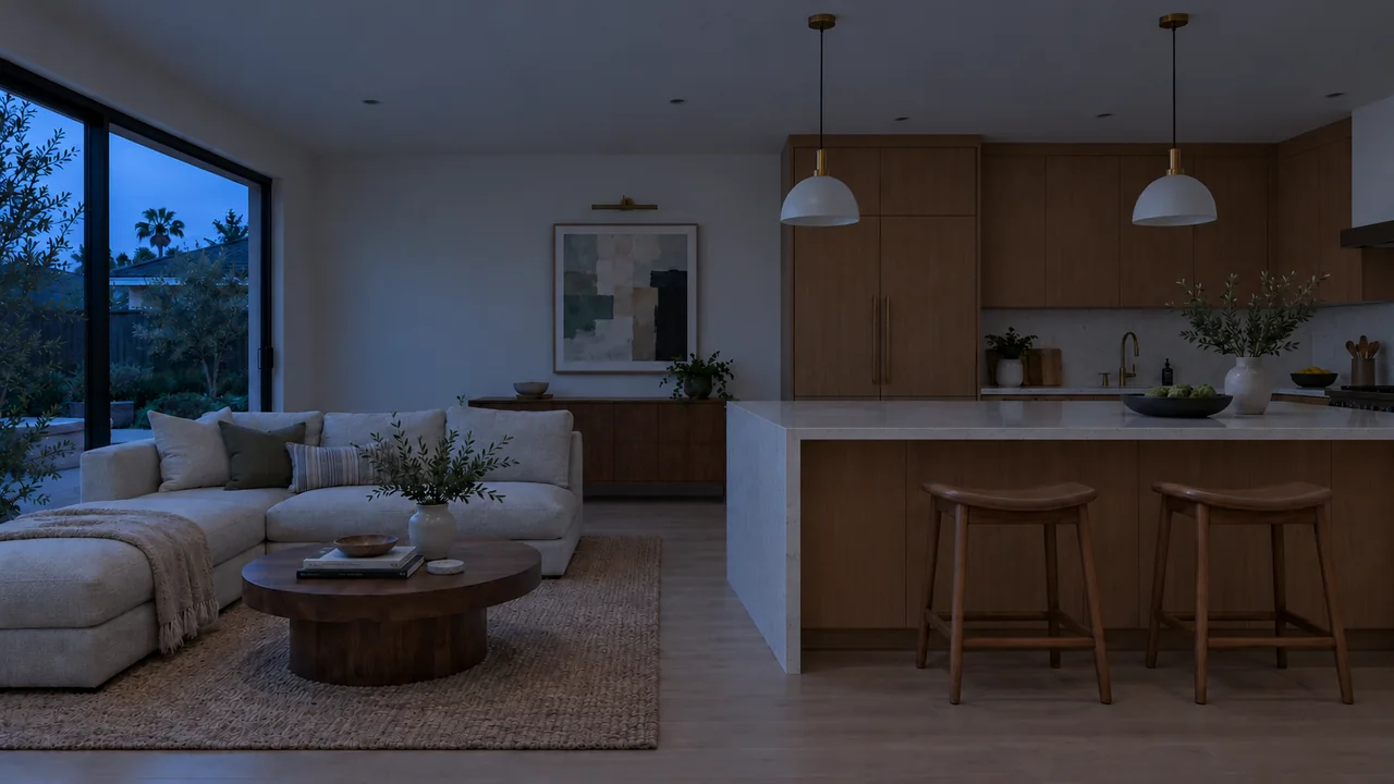 The same living room and kitchen at dusk: Dusk, with the lighting layers off.