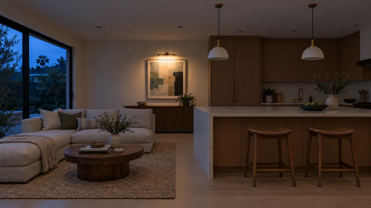 The same living room and kitchen at dusk: Accent.