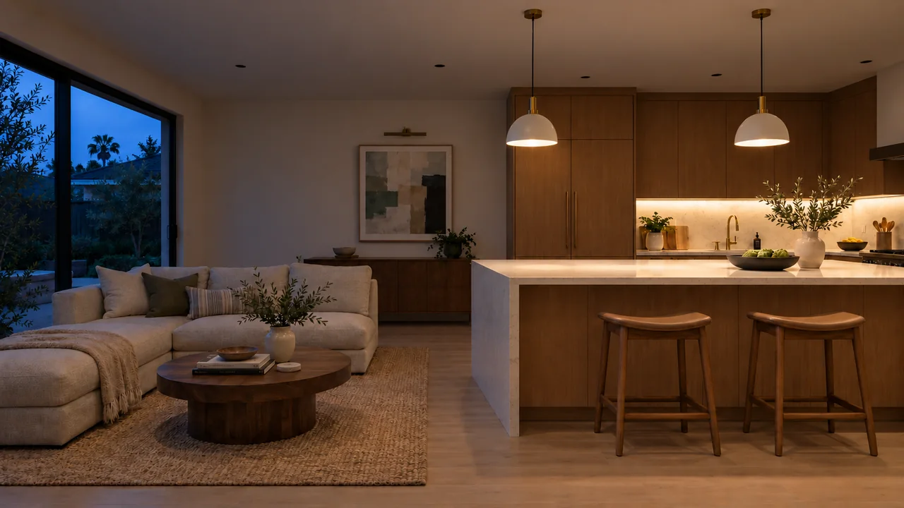 The same living room and kitchen at dusk: Task.