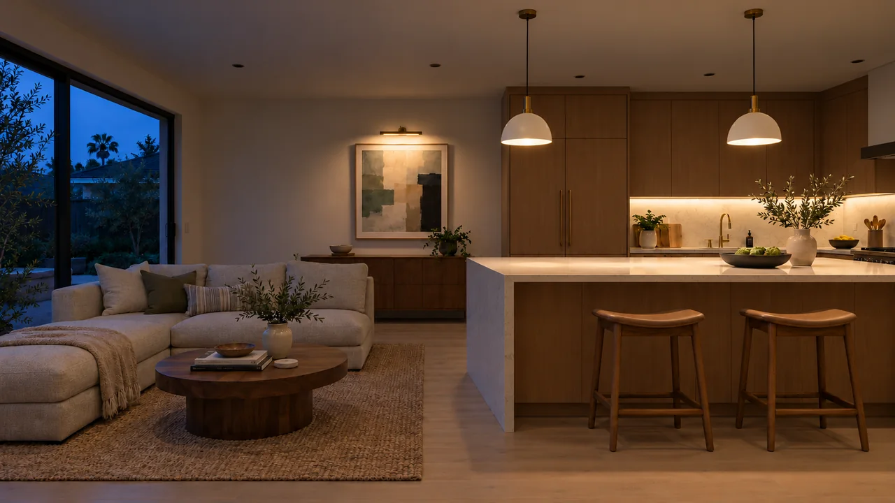 The same living room and kitchen at dusk: Task + Accent.