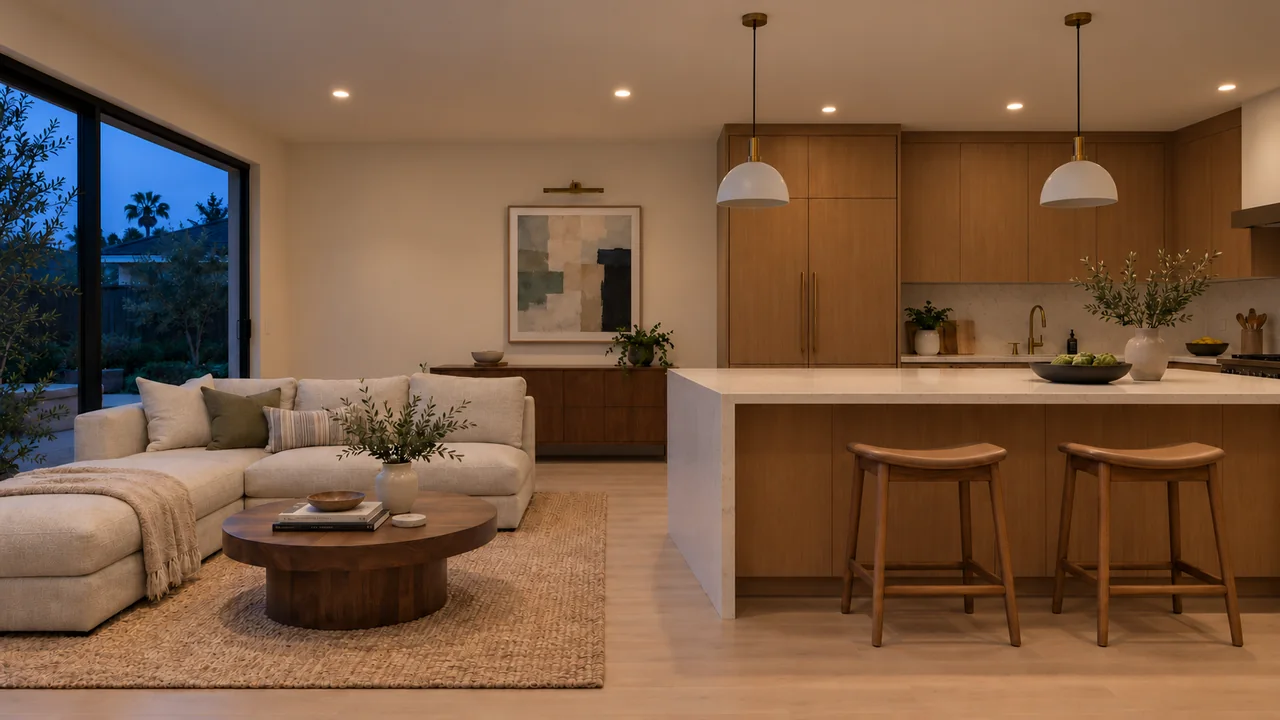 The same living room and kitchen at dusk: Ambient.