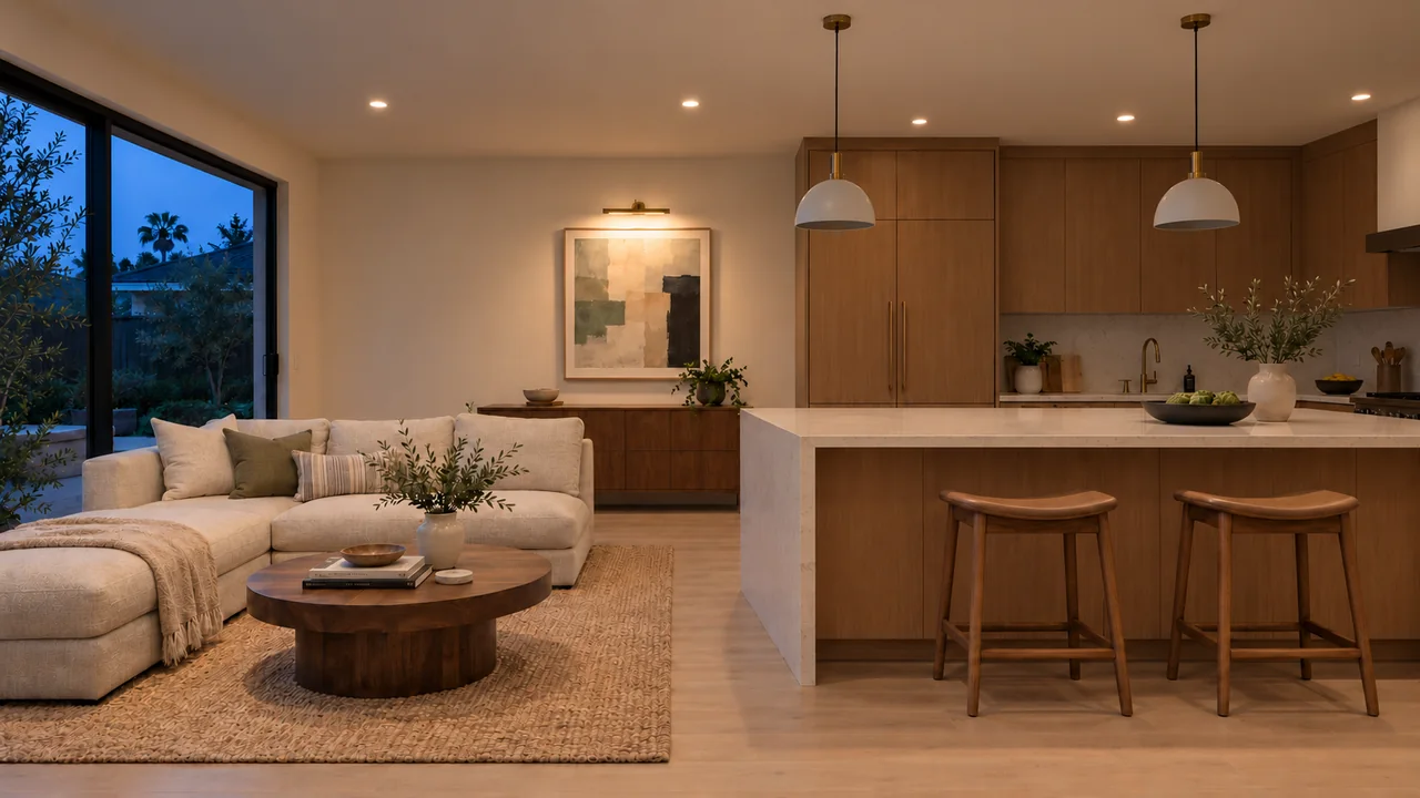 The same living room and kitchen at dusk: Ambient + Accent.