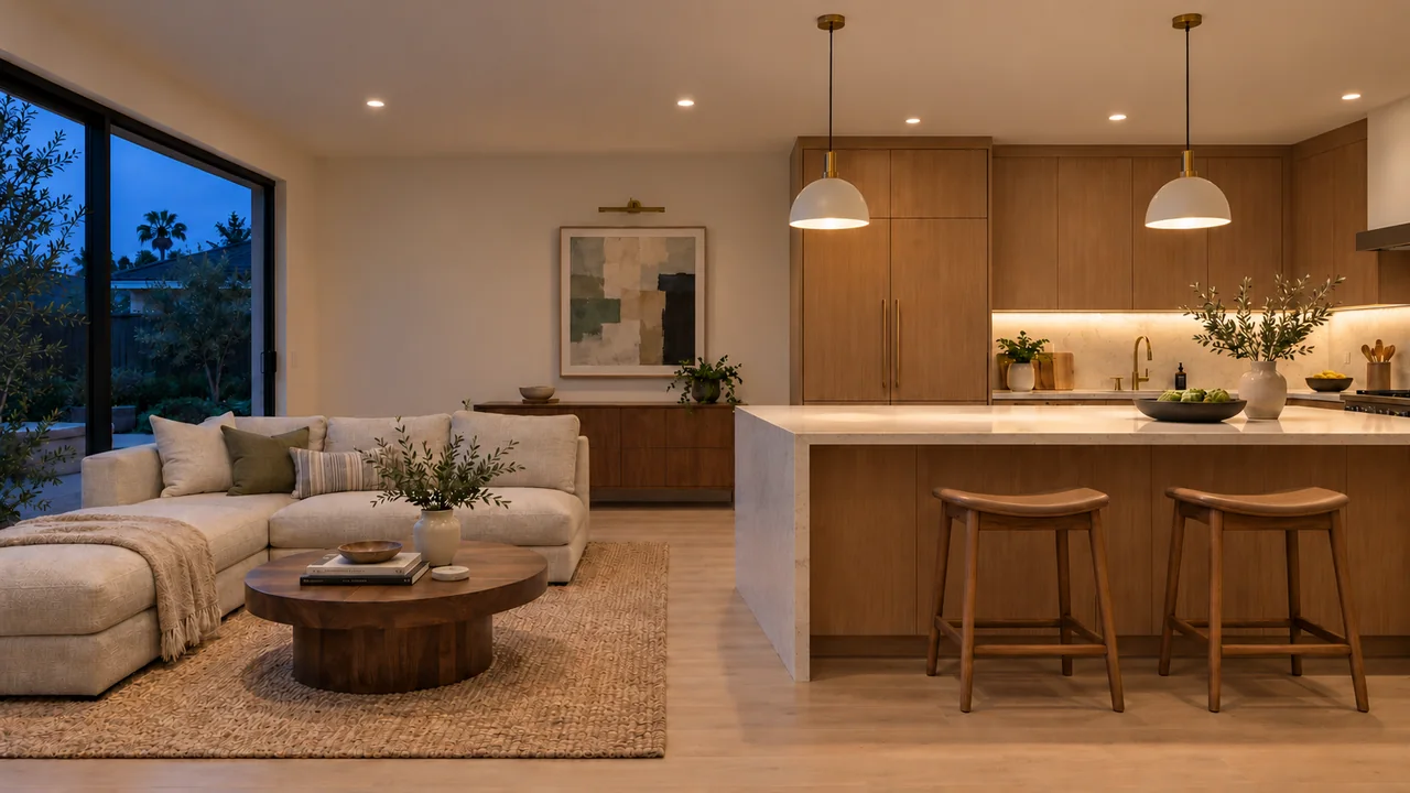 The same living room and kitchen at dusk: Ambient + Task.