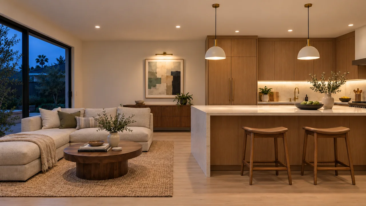 The same living room and kitchen at dusk: Ambient + Task + Accent.