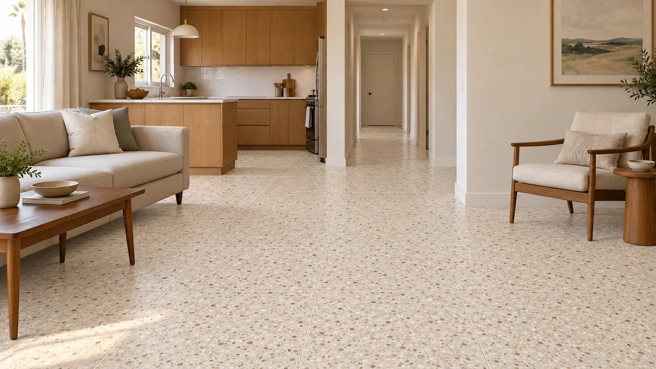 Connected living room, kitchen and hall: Terrazzo.