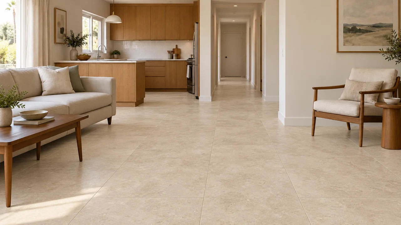 Connected living room, kitchen and hall: Stone / porcelain.