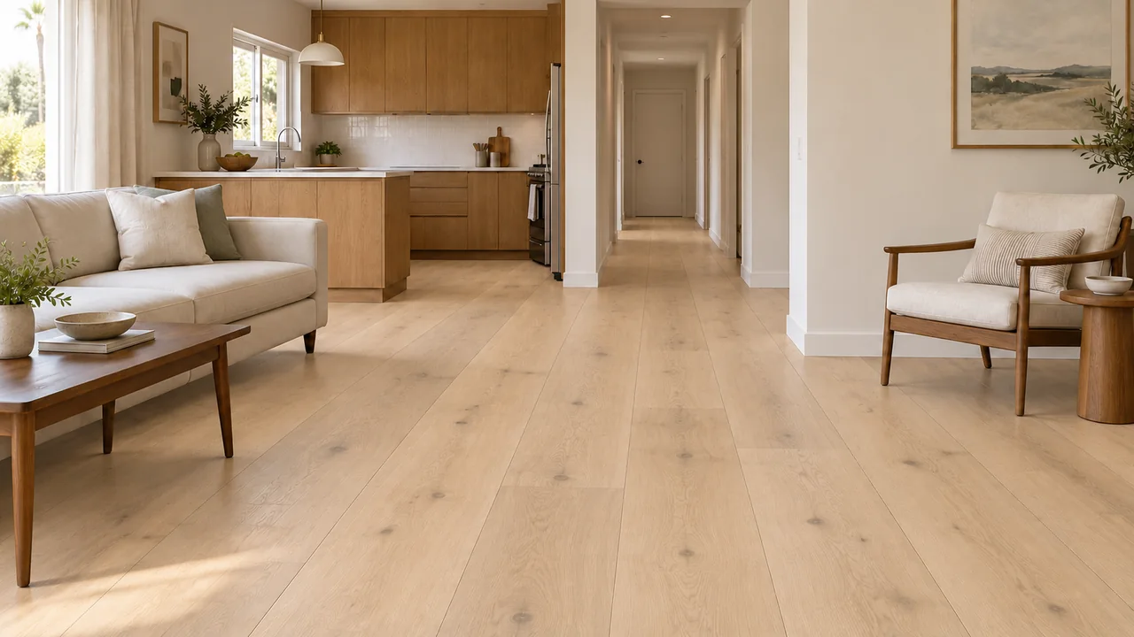 Connected living room, kitchen and hall: Pale wide plank.