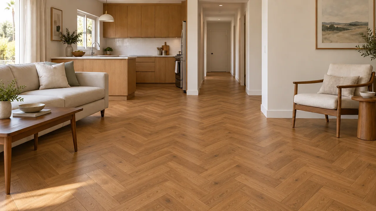 Connected living room, kitchen and hall: A quieter rhythm, repeated.