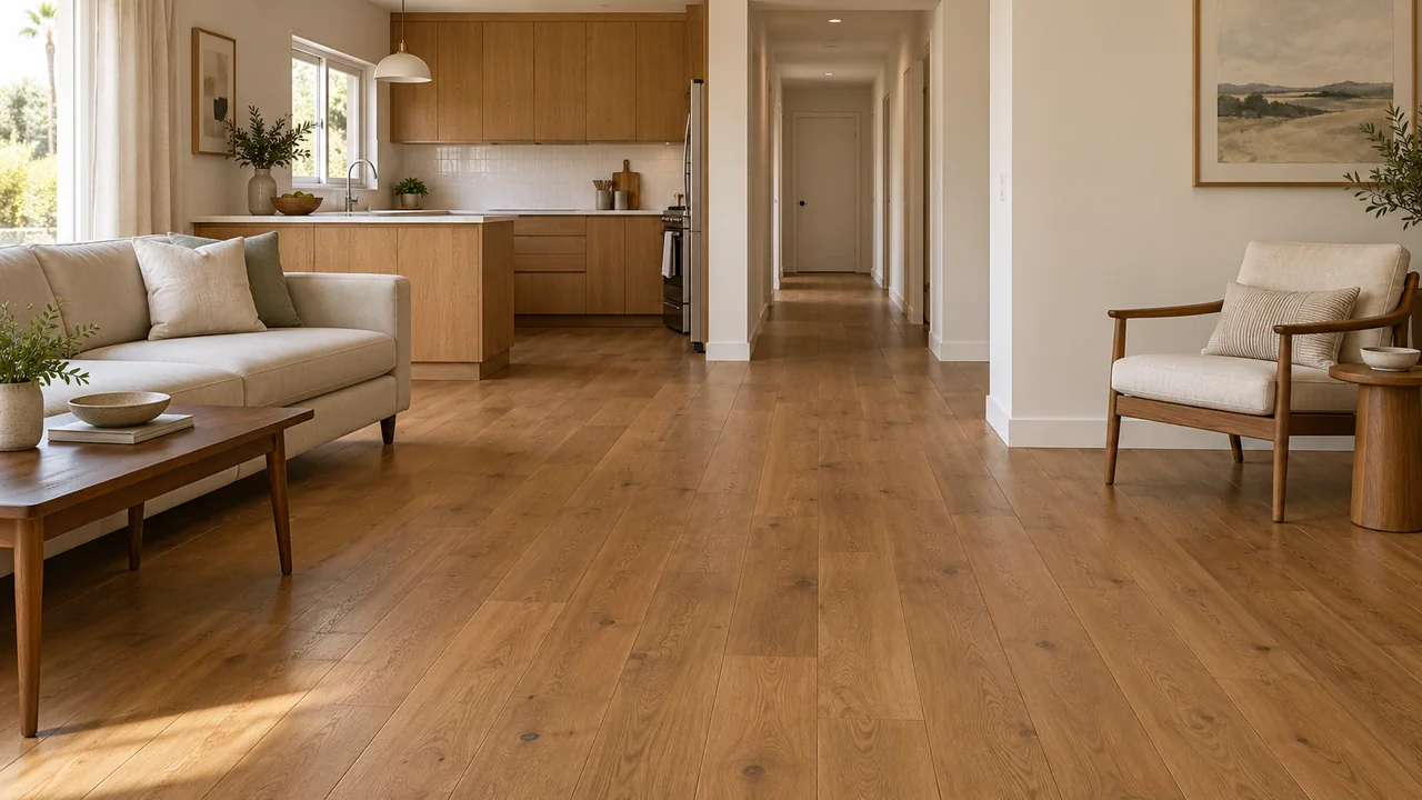 Connected living room, kitchen and hall: Warm oak.