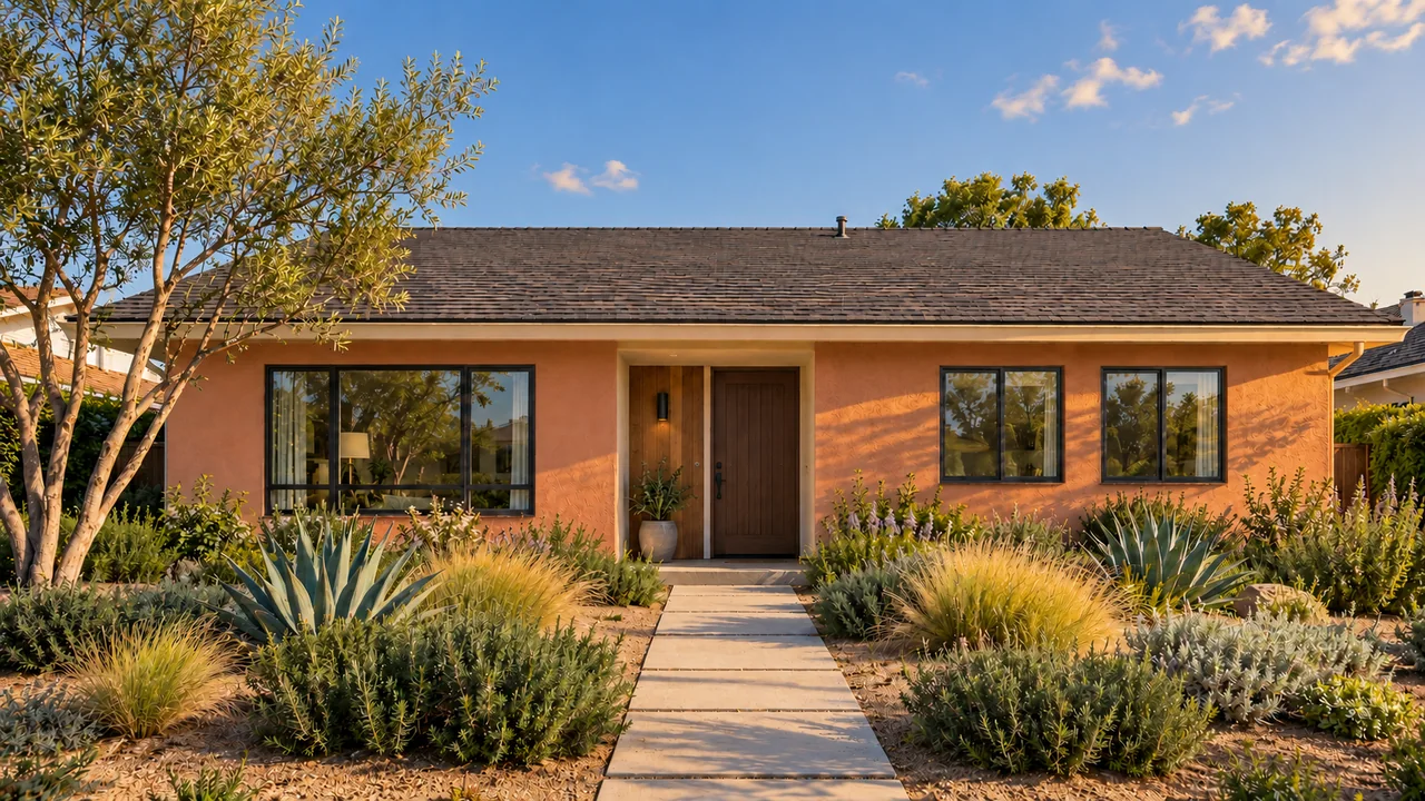 The same stucco Southern California home: Clay + bronze / Late afternoon.