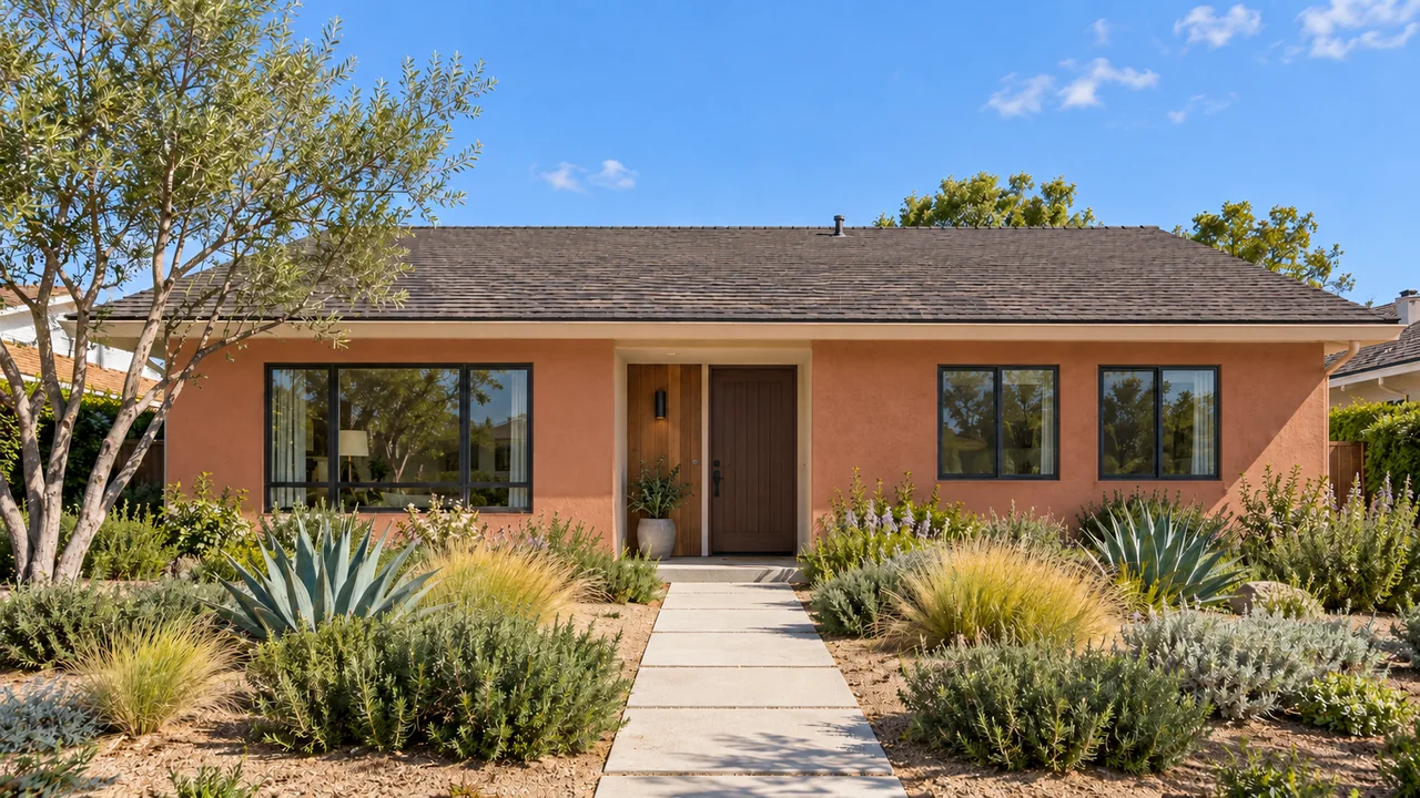 The same stucco Southern California home: Clay + bronze / Midday.