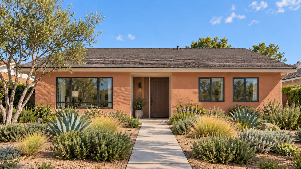 The same stucco Southern California home: Clay + bronze / Morning.