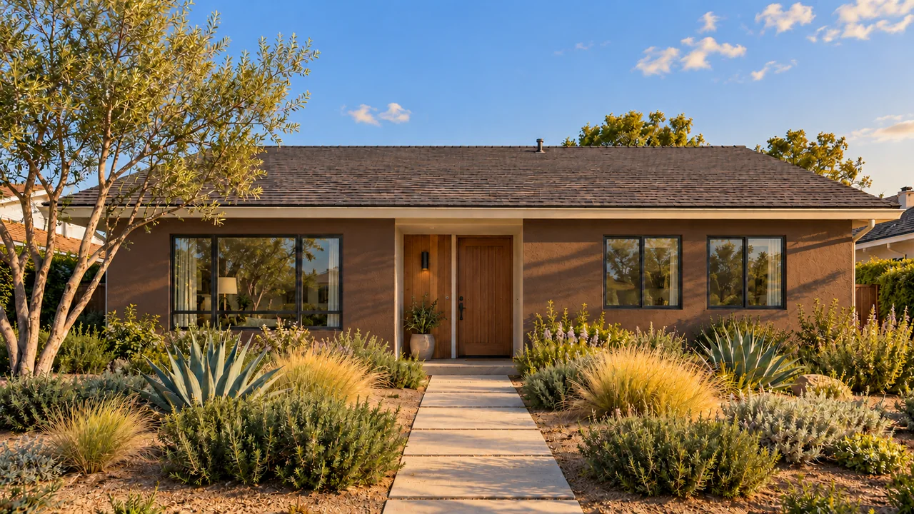 The same stucco Southern California home: Coffee + sand / Late afternoon.