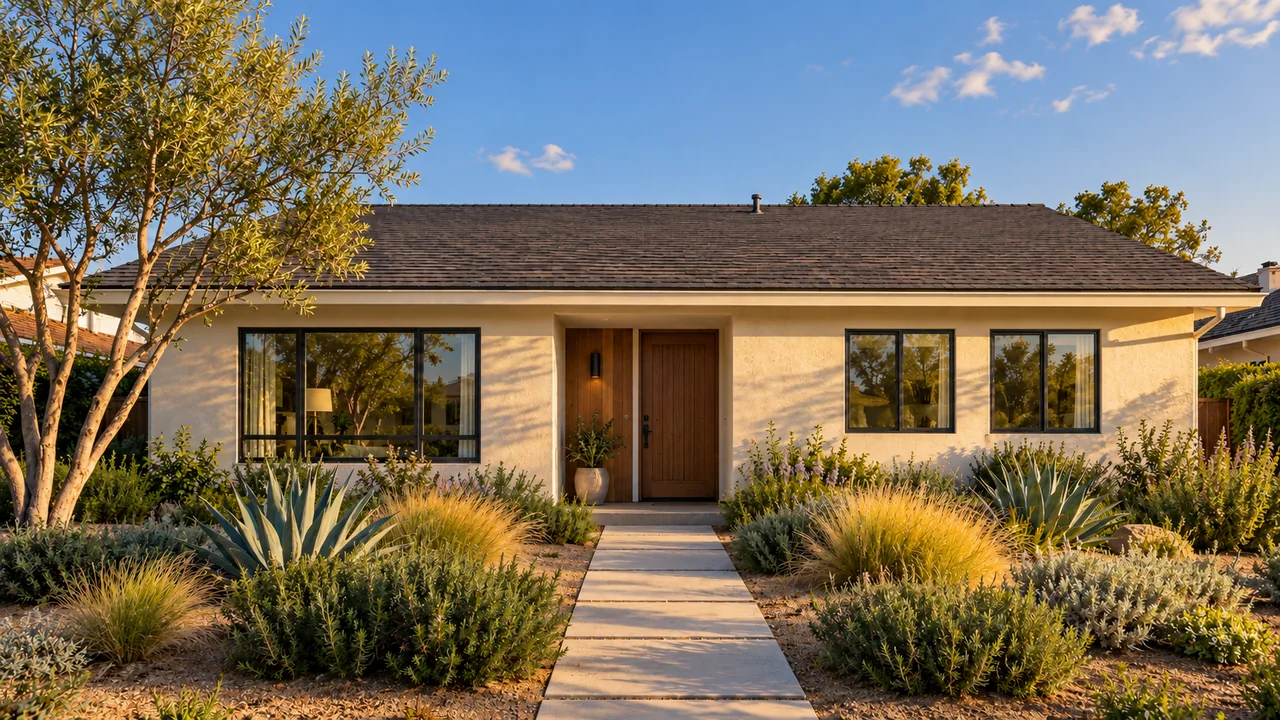 The same stucco Southern California home: Cream + cedar / Late afternoon.