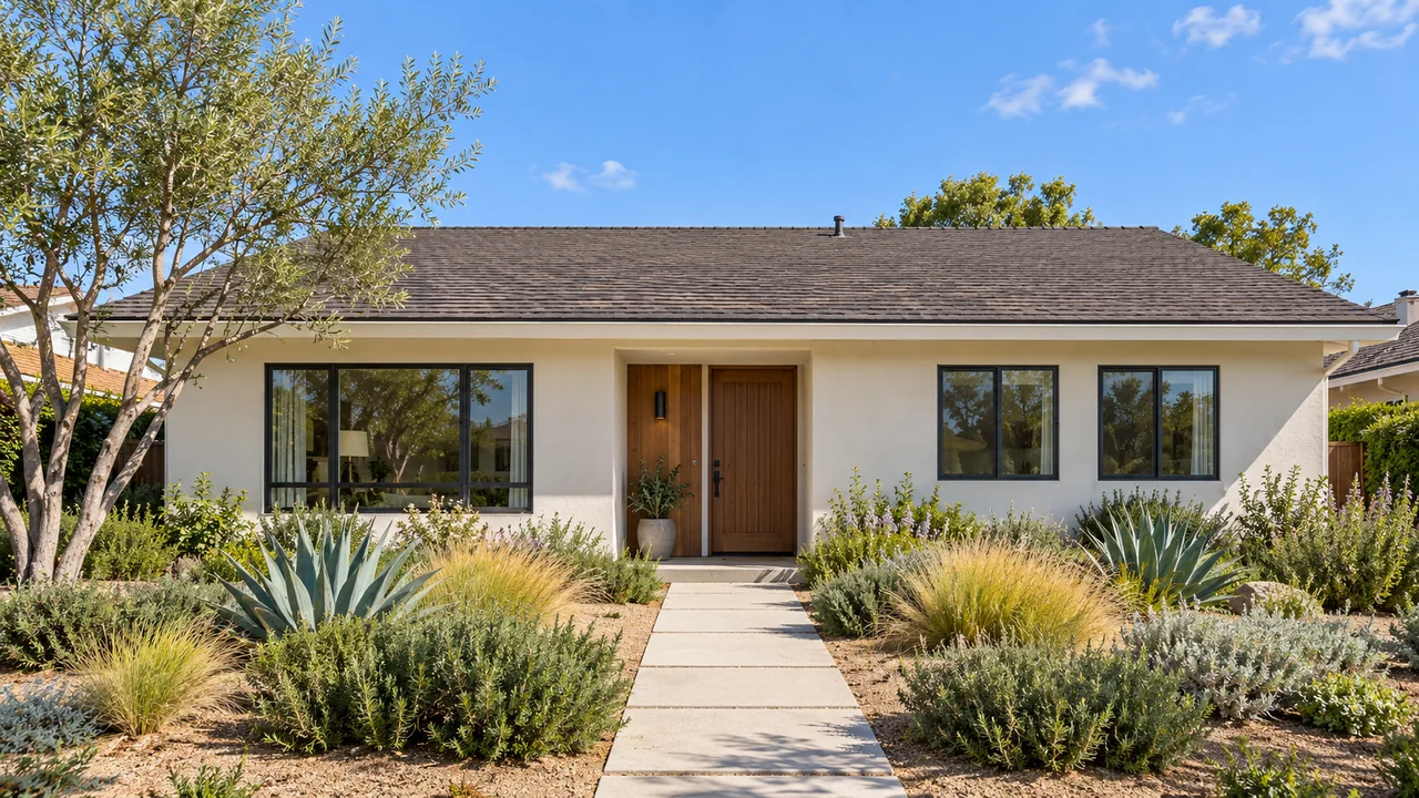 The same stucco Southern California home: Cream + cedar / Midday.