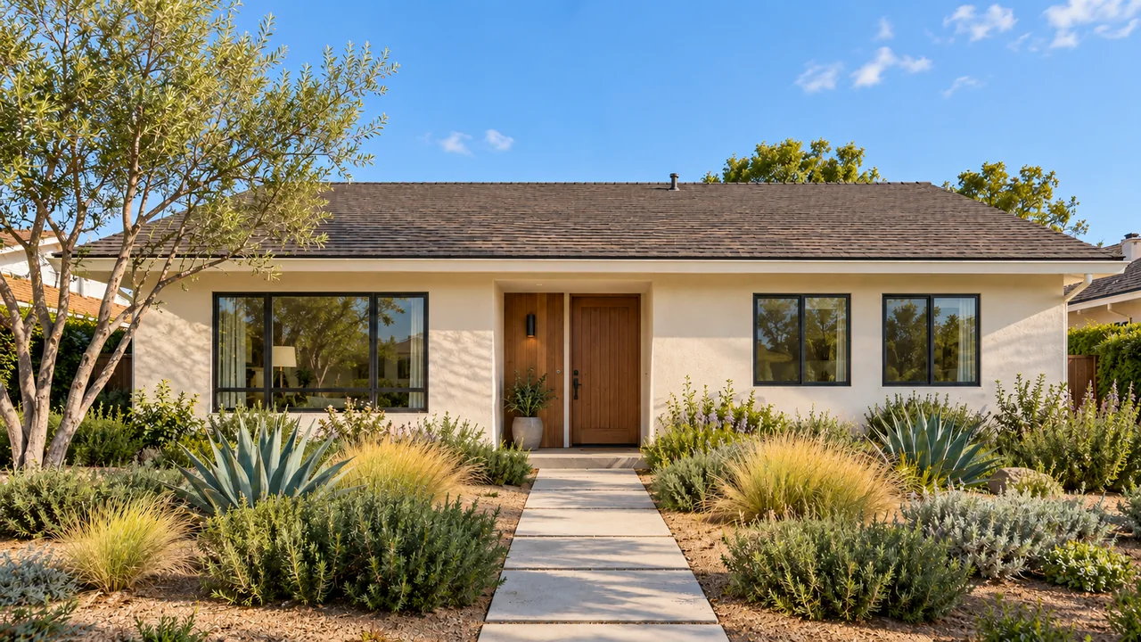 The same stucco Southern California home: Cream + cedar / Morning.