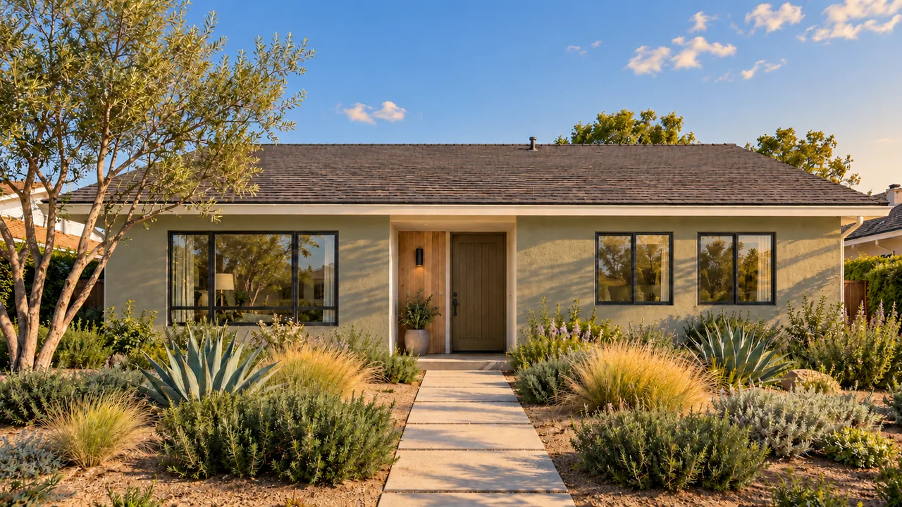 The same stucco Southern California home: Sage + linen / Late afternoon.