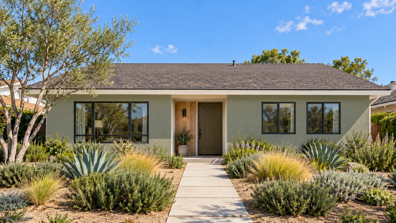 The same stucco Southern California home: Sage + linen / Midday.