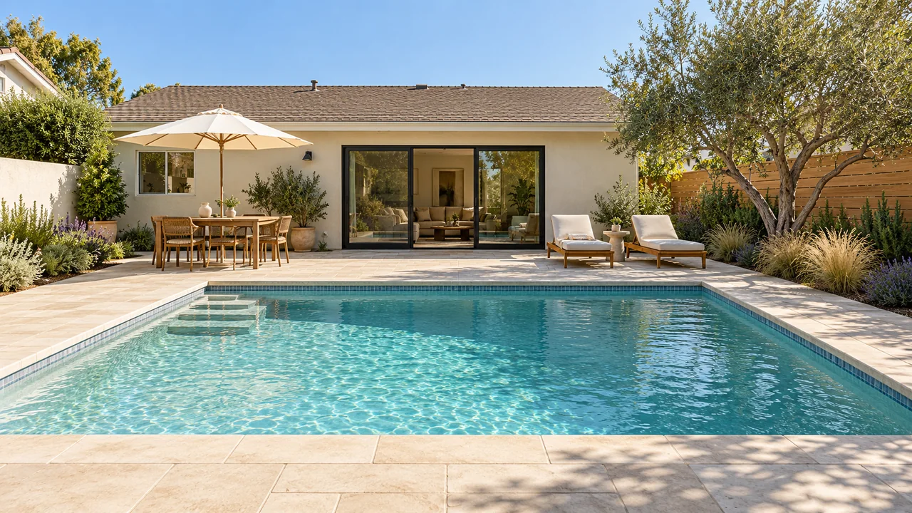 One stucco home and backyard: Clean-lined / Afternoon.