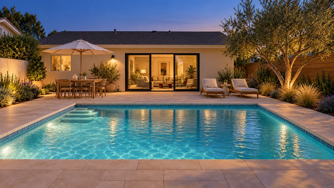 One stucco home and backyard: Clean-lined / Evening.