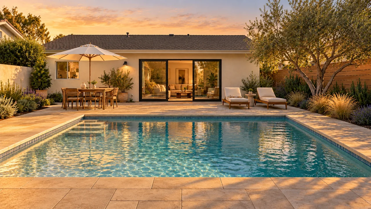 One stucco home and backyard: Clean-lined / Golden hour.