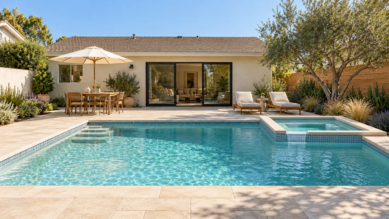 One stucco home and backyard: Pool + spa / Afternoon.