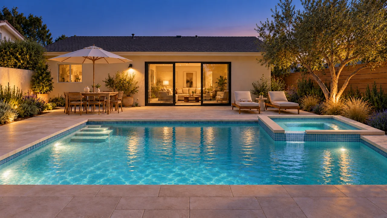 One stucco home and backyard: Pool + spa / Evening.
