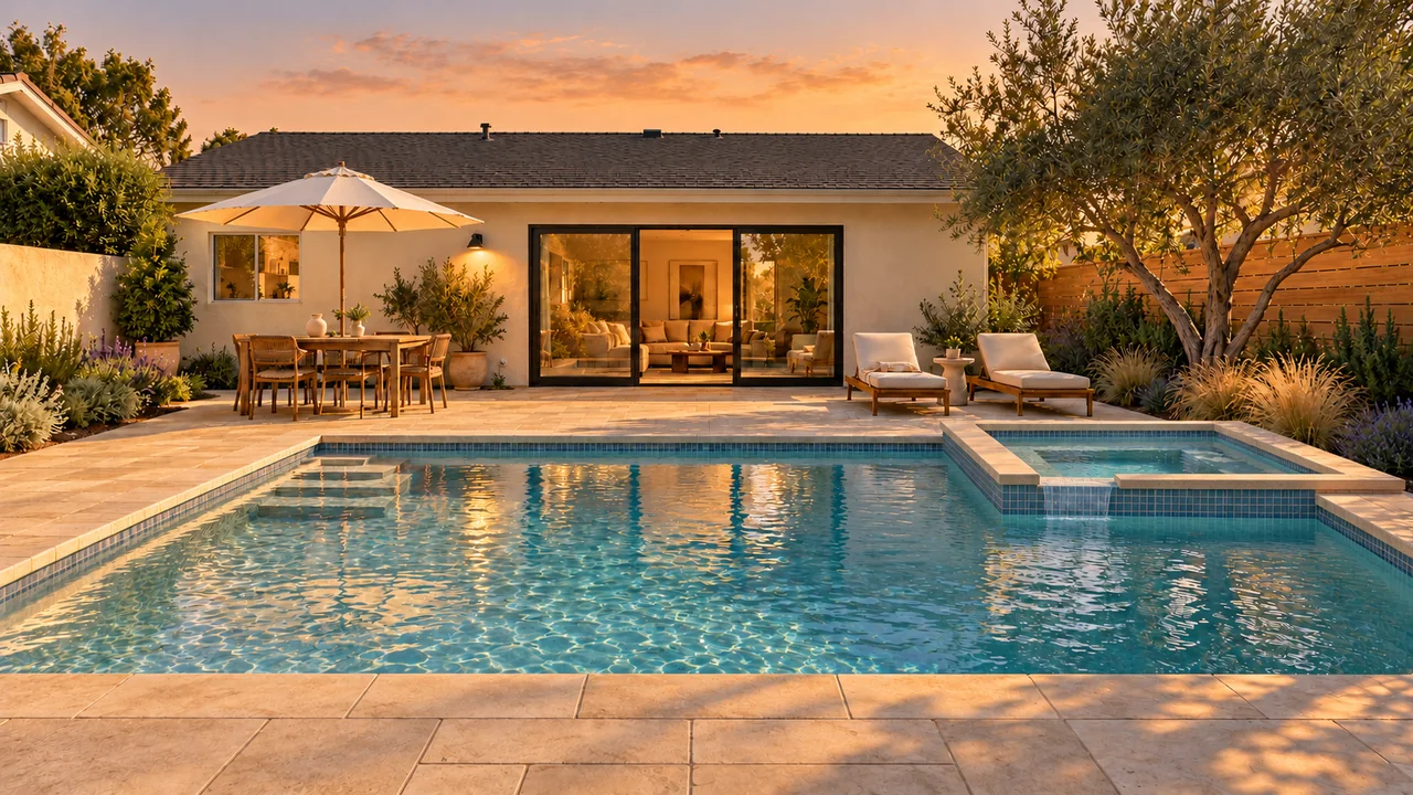 One stucco home and backyard: Pool + spa / Golden hour.