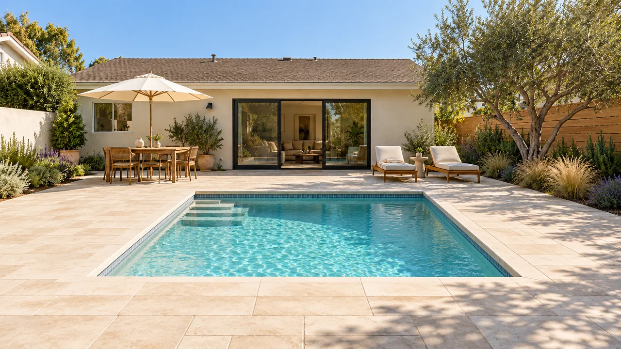 One stucco home and backyard: Courtyard plunge / Afternoon.