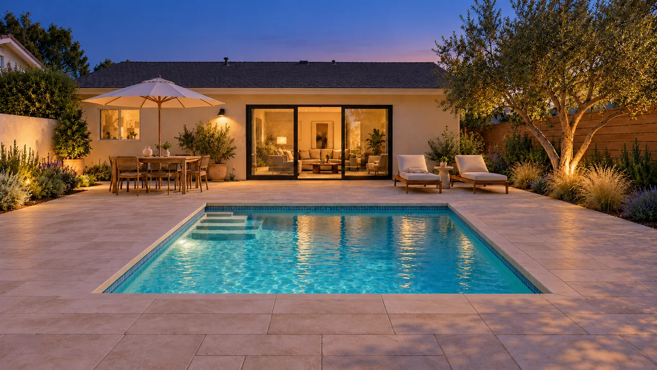 One stucco home and backyard: Courtyard plunge / Evening.