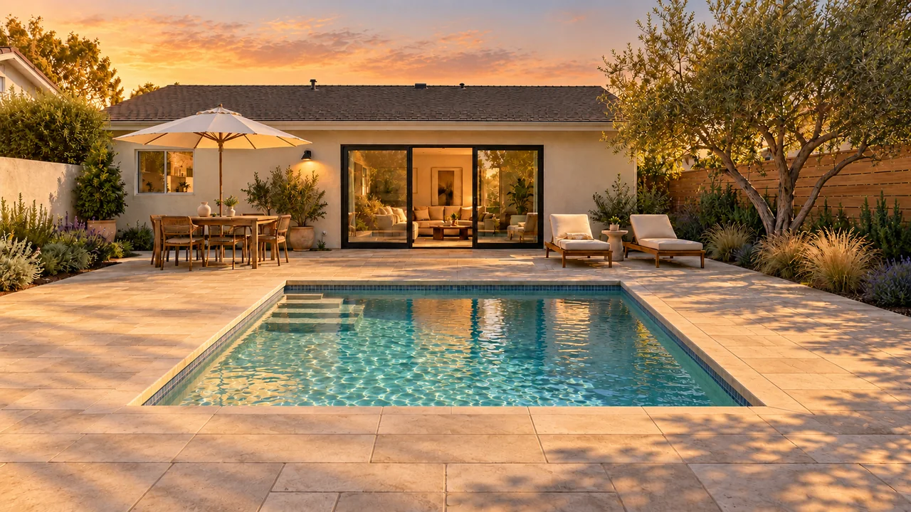 One stucco home and backyard: Courtyard plunge / Golden hour.
