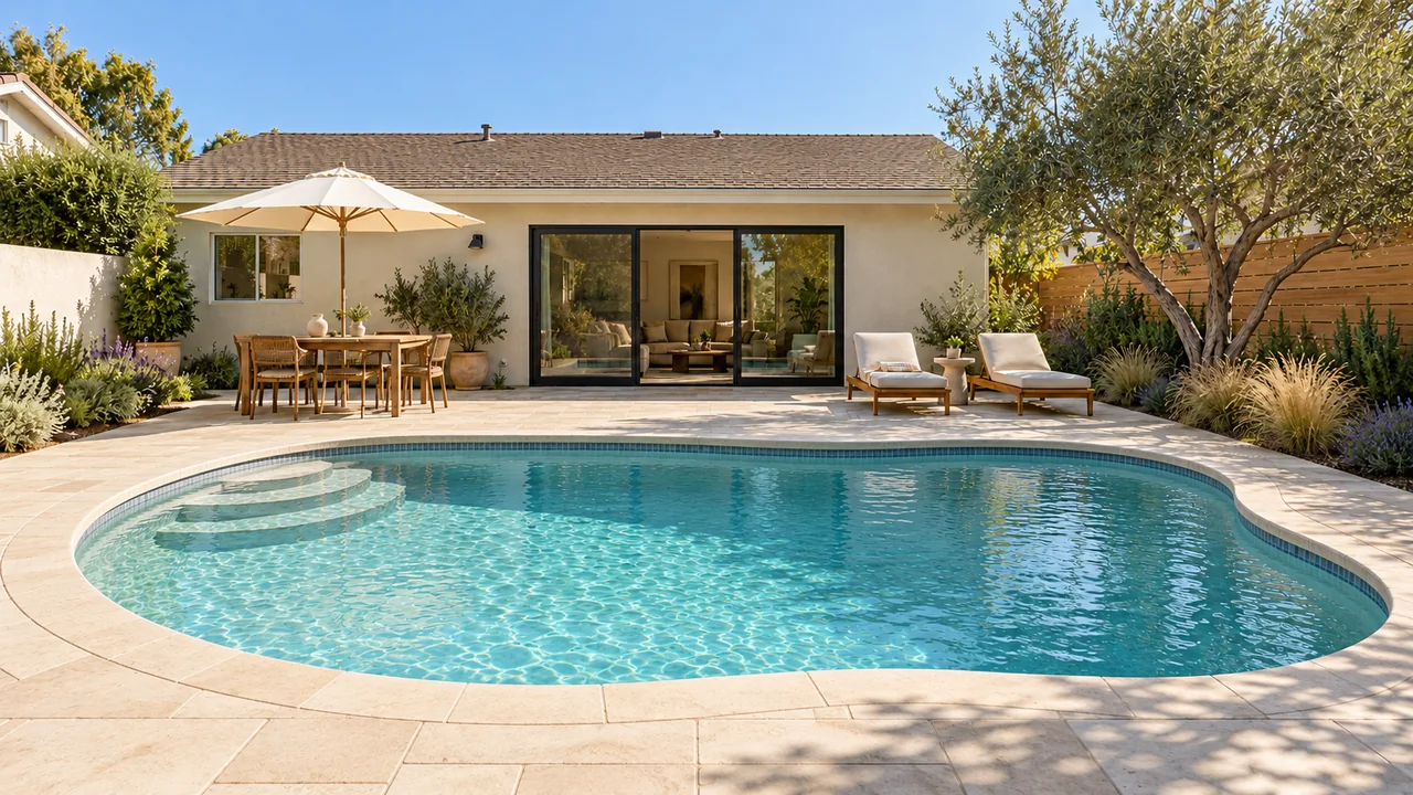 One stucco home and backyard: Garden curve / Afternoon.