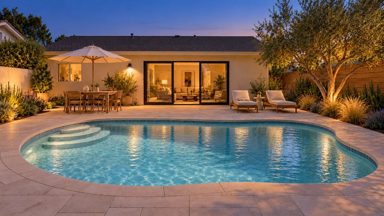 One stucco home and backyard: Garden curve / Evening.