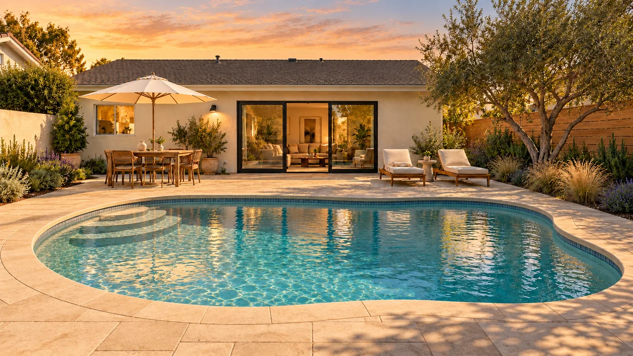 One stucco home and backyard: Garden curve / Golden hour.
