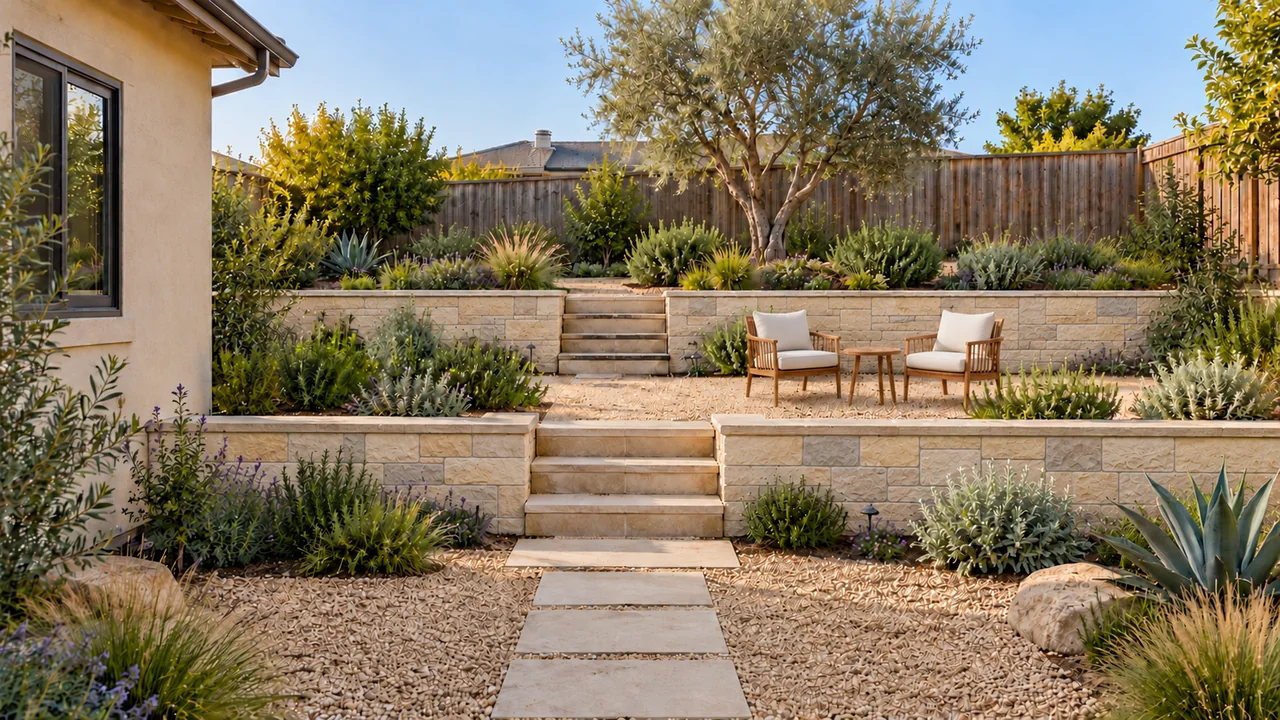 A Southern California sloped yard: Pale tailored stone.