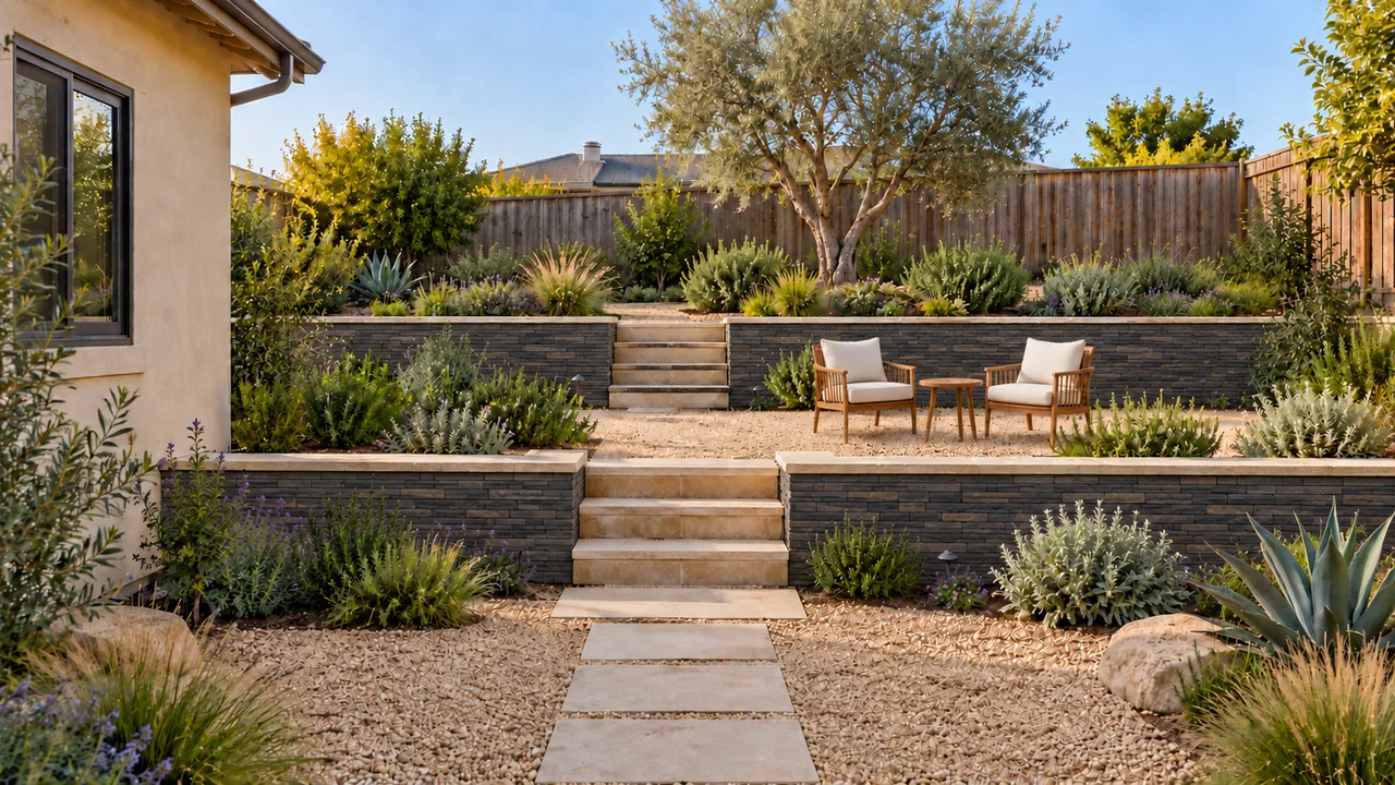 A Southern California sloped yard: Charcoal contrast.